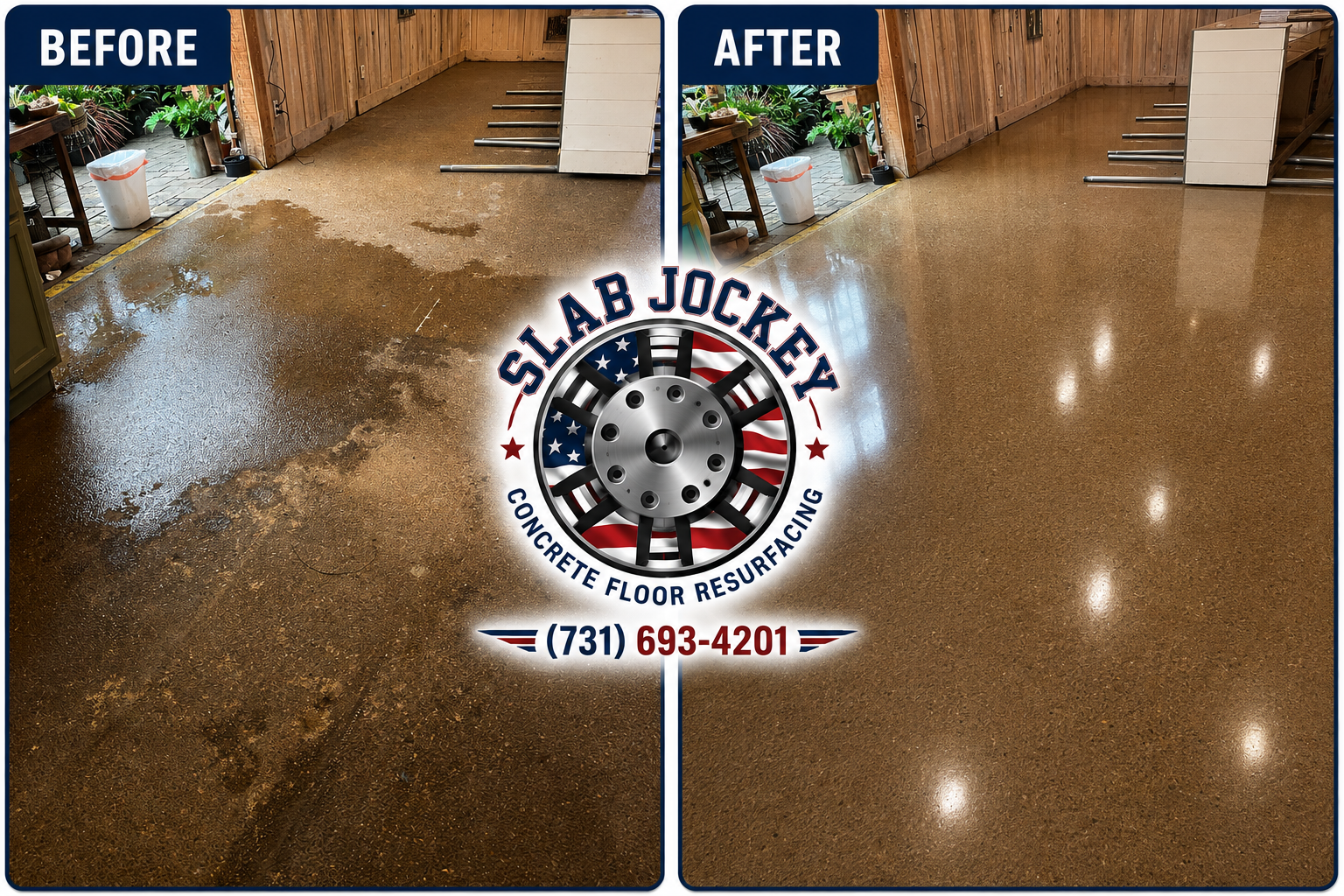 Before and after polished brown concrete floor
