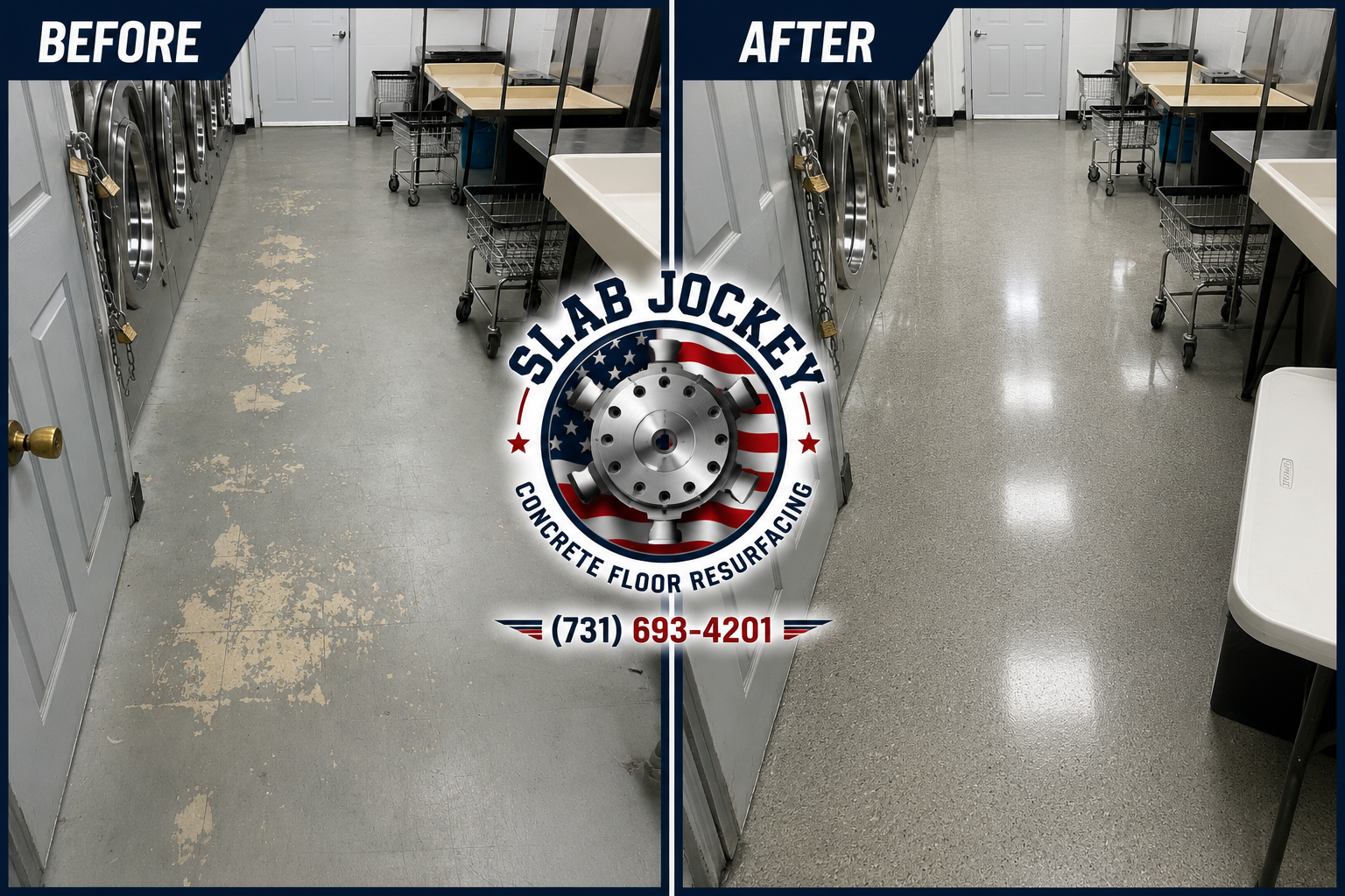 Before and after grey concrete floor restoration