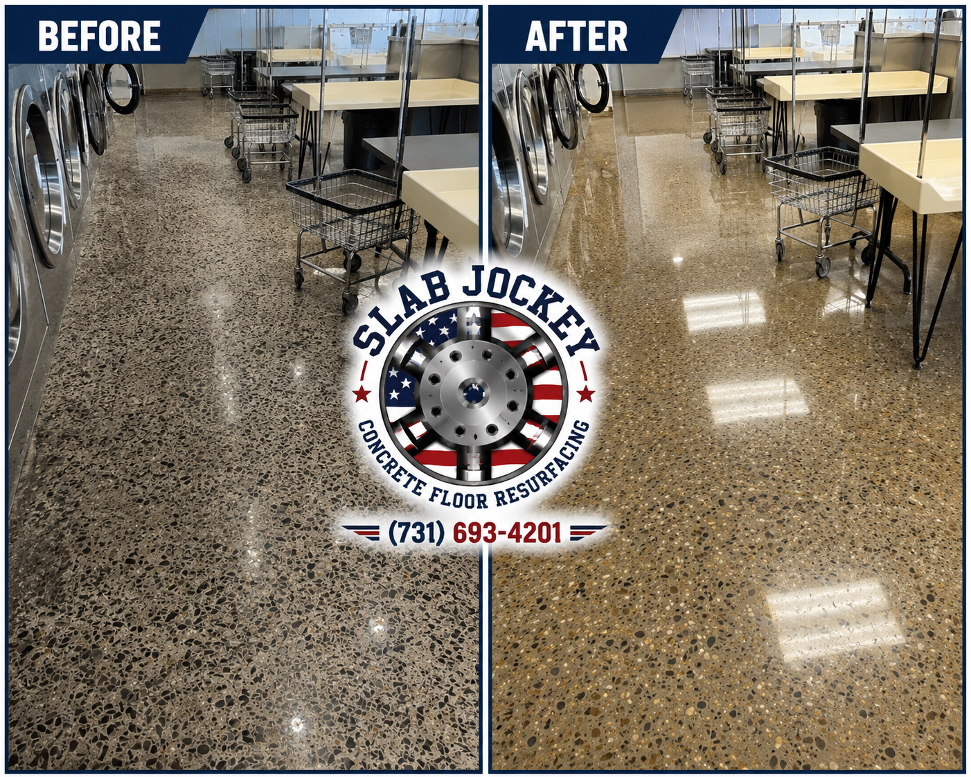 Before and after Slab Jockey polished concrete laundry floor